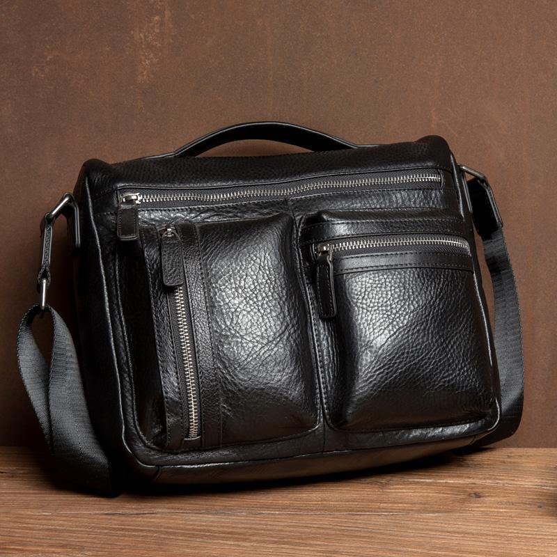 Black Leather 10 inches Mens Small Messenger Bag Shoulder Bags for Men – iwalletsmen