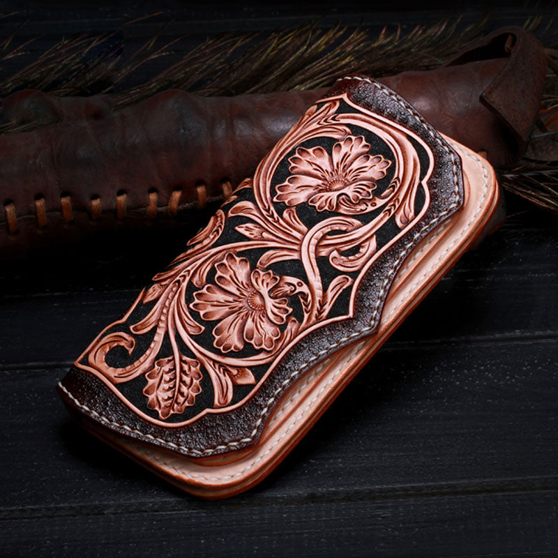 Handmade Leather Mens Tooled Floral Clutch Wallet Cool Wallet Long Wal – iwalletsmen