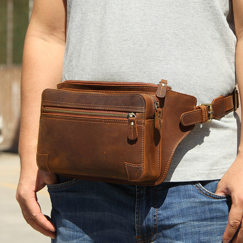 Vintage Brown Leather Men's Fanny Pack Coffee Chest Bag Waist Bag For ...