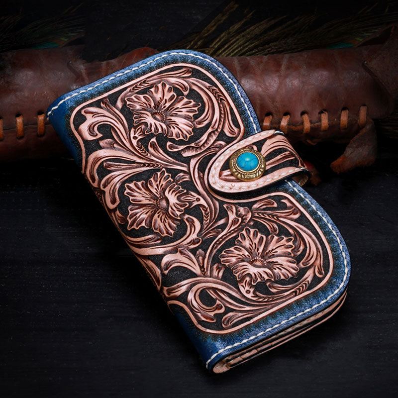 Handmade Leather Tooled Floral Mens Clutch Wallet Cool Wallet Long Wal – iwalletsmen