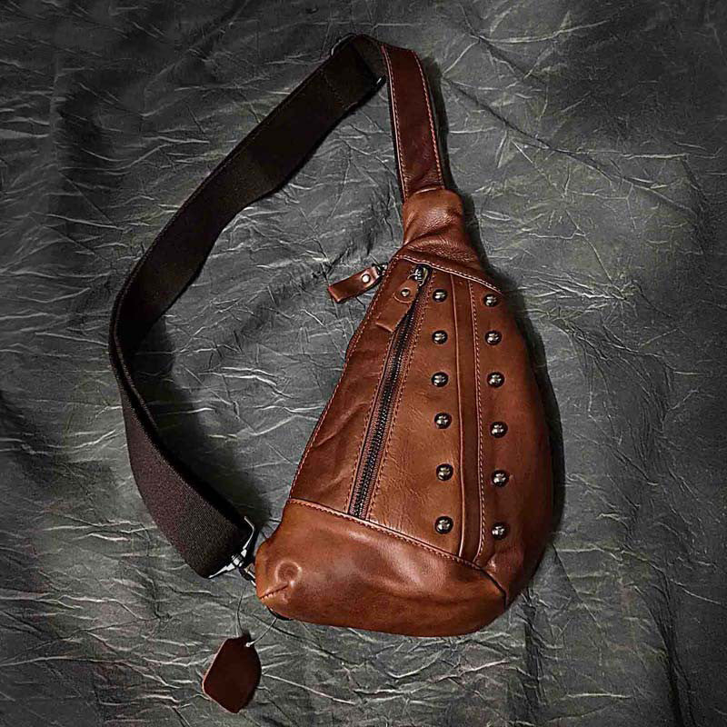 Badass Brown Leather Men&#39;s Sling Bags Chest Bag Brown One shoulder Bac – iwalletsmen