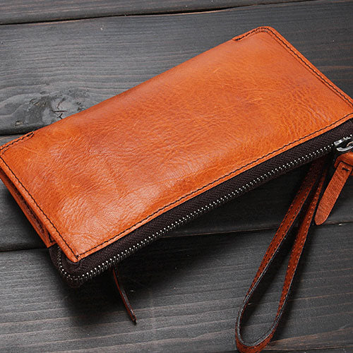 Handmade Leather Mens Cool Long Leather Wallet Zipper Clutch Wristlet – iwalletsmen