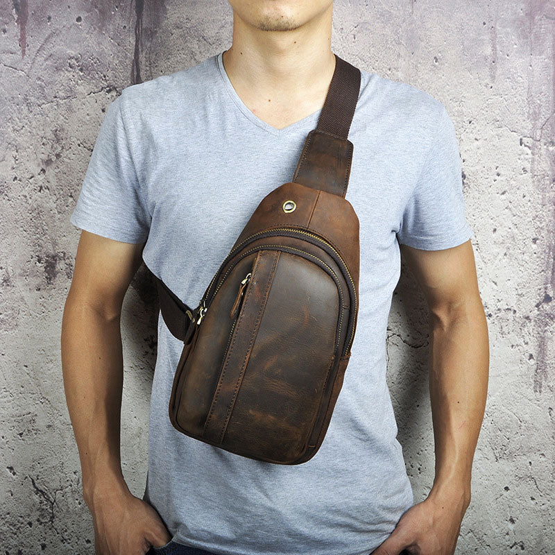 Cool Brown Mens Leather Chest Bags Sling Bag One Shoulder Backpack For ...