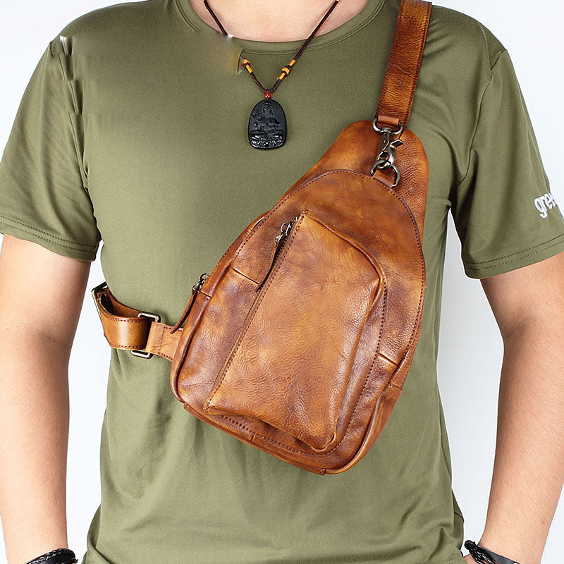 Cool Brown MENS LEATHER Sling Bag Chest Bag Coffee One Shoulder Backpa ...