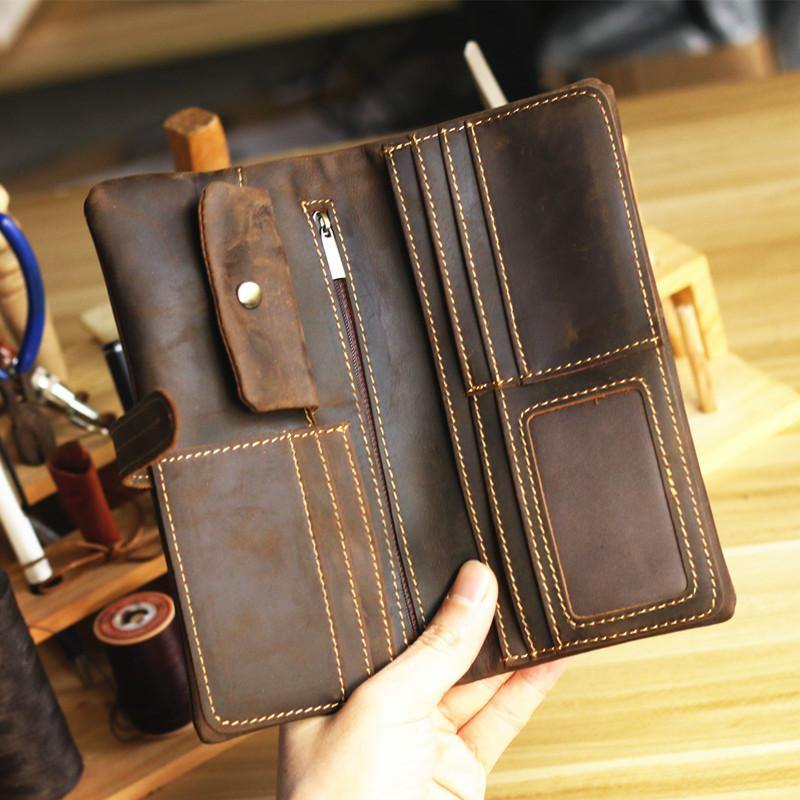 Vintage Red Brown Leather Mens Long Wallet Bifold Zipper Long Wallet F ...