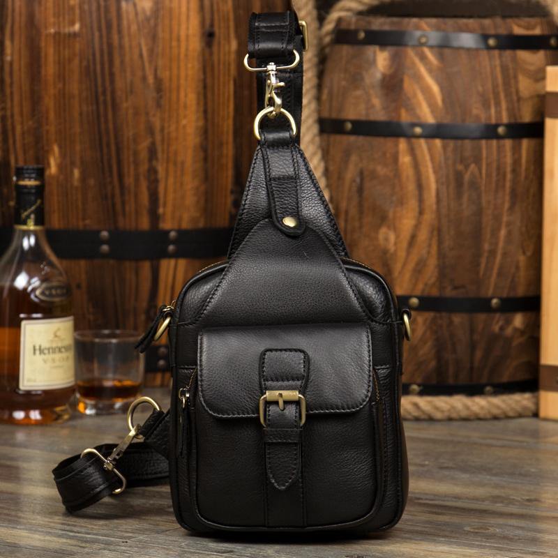 Black Leather Mens Cool Sling Bag Sling Pack Black Crossbody Packs Che ...