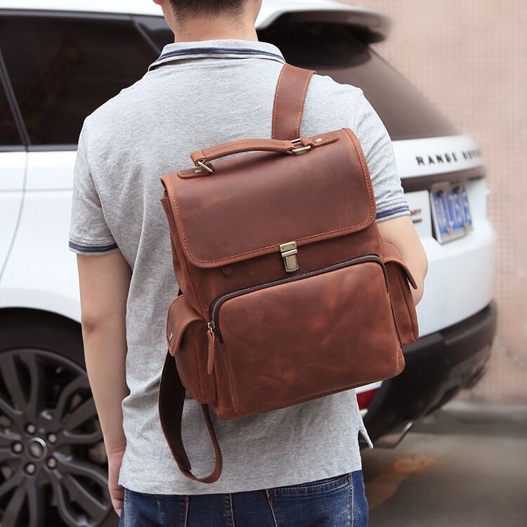 Cool Brown Leather Men's 13'' Laptop Backpack School Backpack Travel B ...