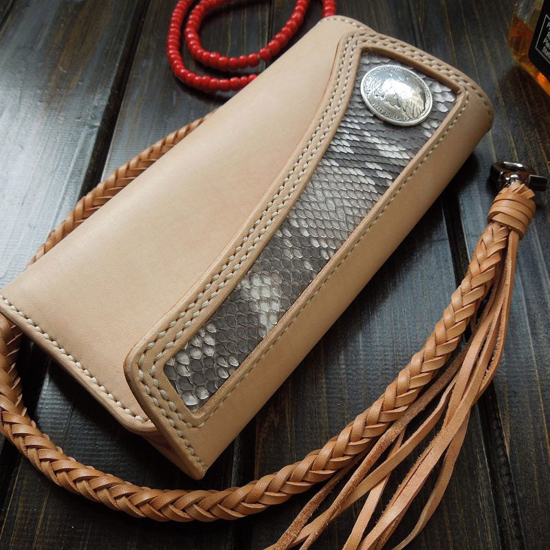 Handmade Leather Biker Wallet Boa Skin Trifold Mens Cool Chain Wallet