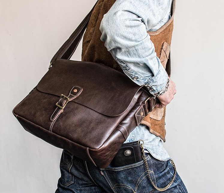 Genuine Leather Mens Messenger Bag Briefcase Laptop Bag Bike Bag Cycli ...