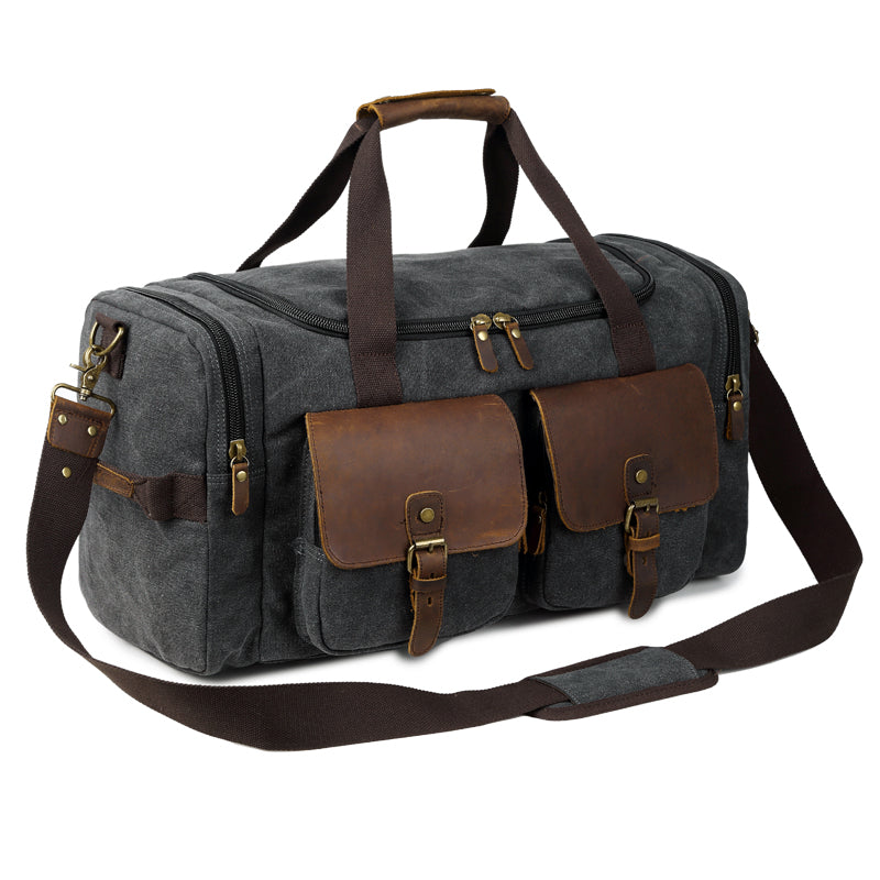 Canvas Leather Mens Large Black Weekender Bag Gray Duffle Bag Luggage ...