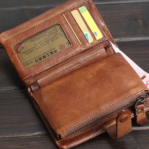 Handmade Mens Cool billfold Leather Wallet Men Small Zipper Wallets Bi