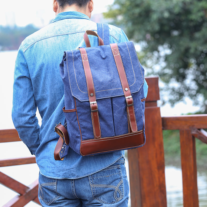 Denim Blue Waxed Canvas Mens Large 14'' Laptop Backpack College Backpa ...