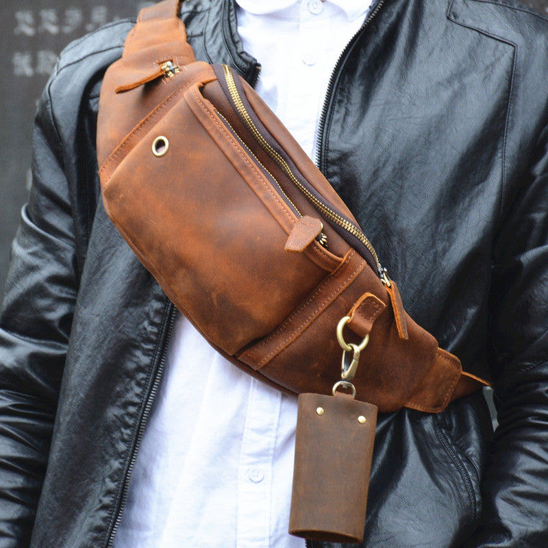 Black Mens Leather Fanny Pack Bum Bag for Men Casual Waist Bags for Me ...