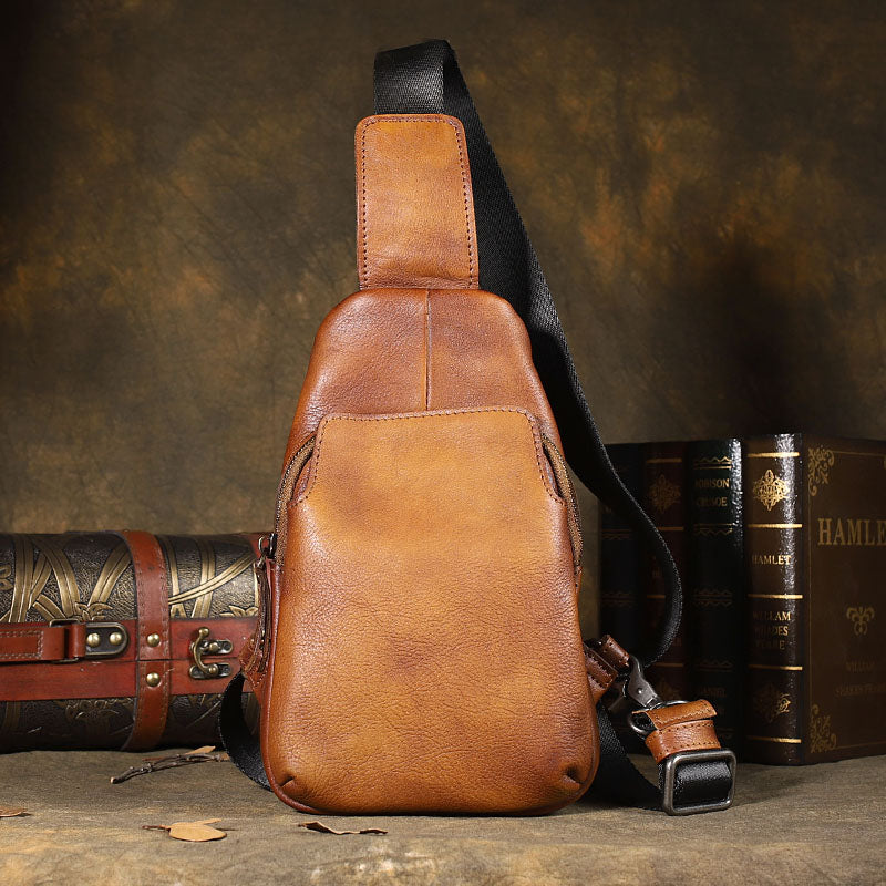 Handmade Brown Leather Mens Sling Bag One Shoulder Backpack Chest Bag ...