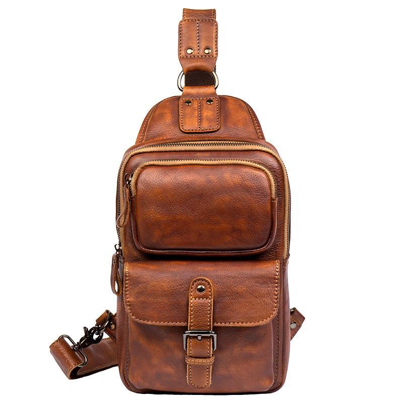 Casual Brown Leather Mens Sling Pack Sling Bag Chest Bags One Shoulder ...