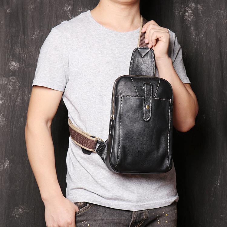 Fashion Black Leather Sling Backpack Men's Sling Bag Black Chest Bag O ...