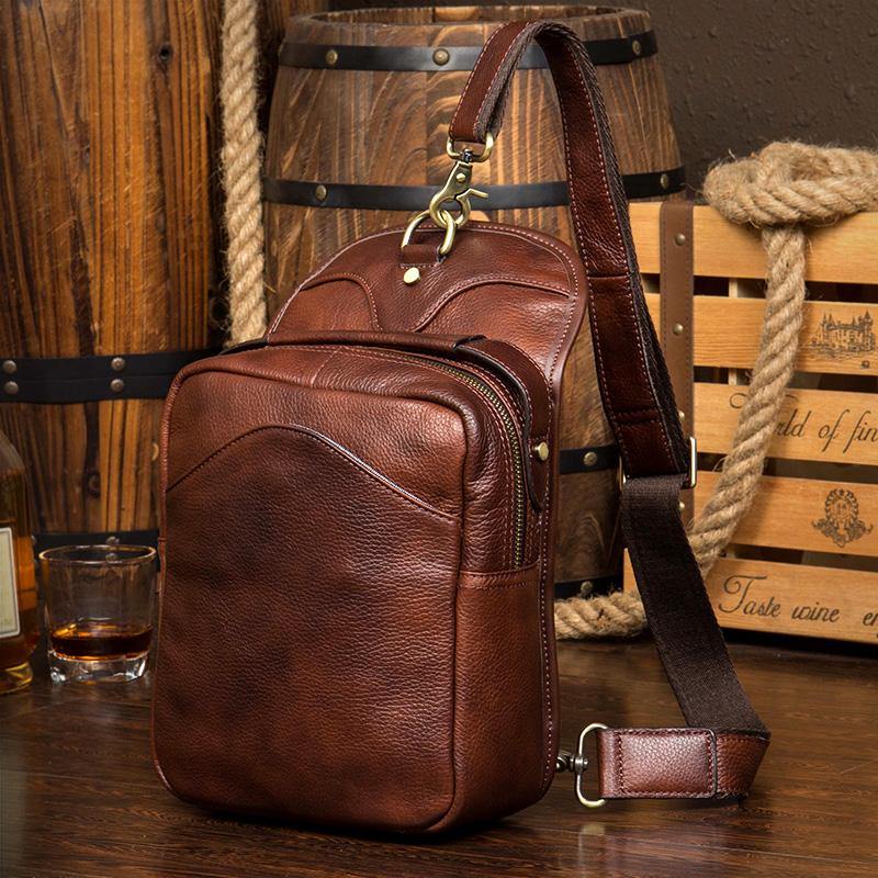 Casual Brown Leather Mens Sling Pack Sling Bags Chest Bags Brown One S ...