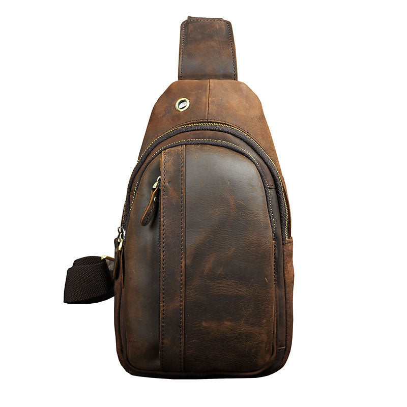 Cool Brown Mens Leather Chest Bags Sling Bag One Shoulder Backpack For ...