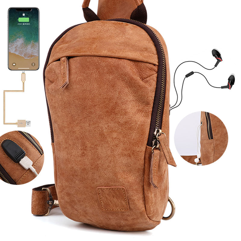 Cool Brown Mens Leather One Shoulder Backpack Chest Bag Sling Bag For – iwalletsmen