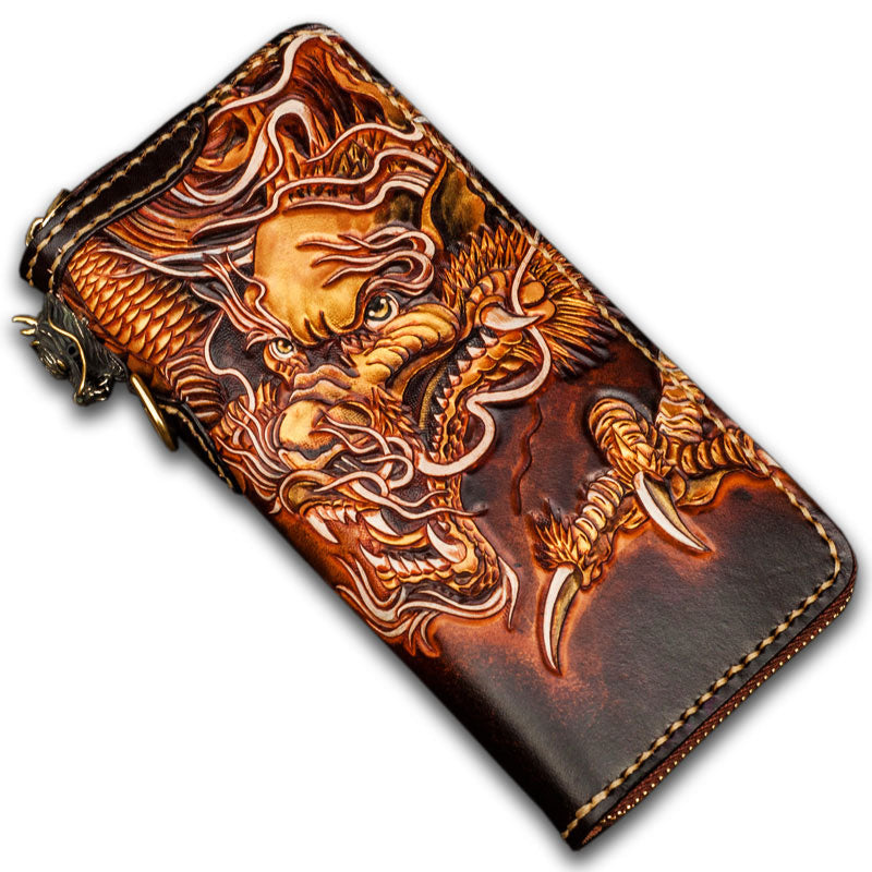 Handmade Leather Tooled Long Chinese Dragon Mens Chain Biker Wallet Co ...