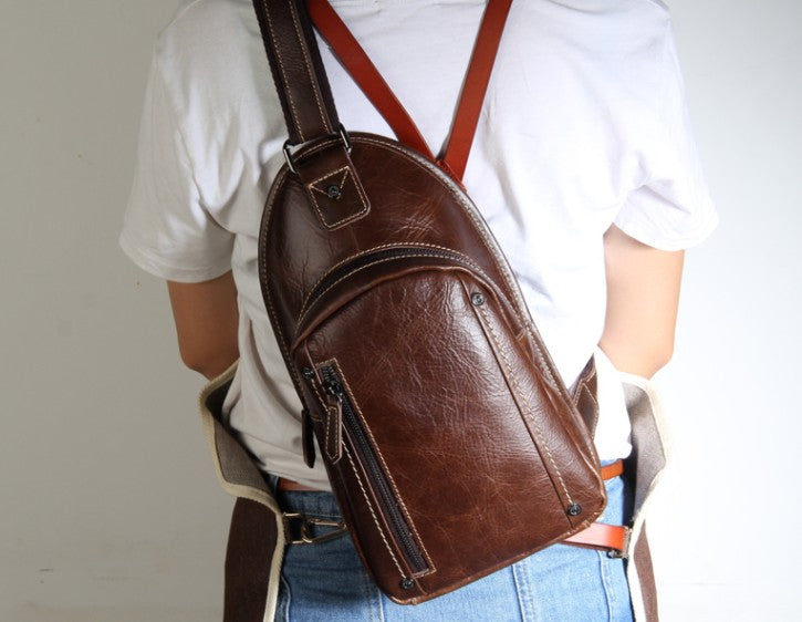 Genuine Leather Mens Cool Chest Bag Sling Bag Crossbody Bag Travel Bag ...