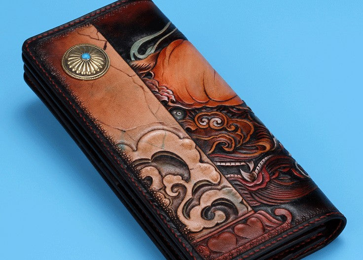 Handmade Leather Chinese Lion Mens Chain Biker Wallet Cool Leather Wal ...