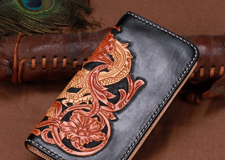 Handmade Leather Mens Clutch Wallet Cool Chinese Dragon Tooled Wallet ...