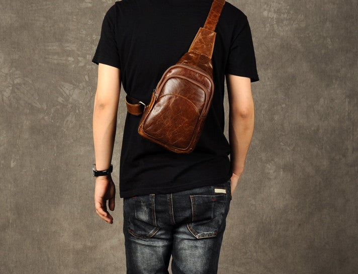 Genuine Leather Mens Cool Chest Bag Sling Bag Crossbody Bag Travel Bag ...