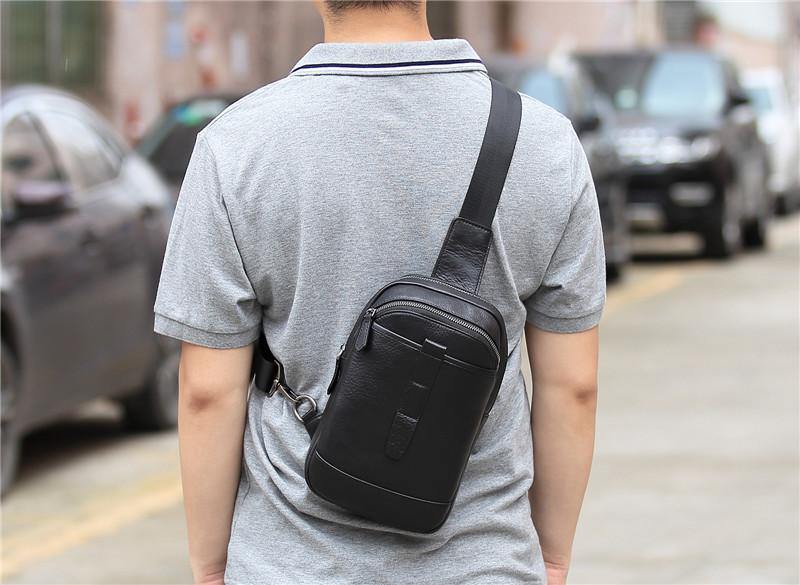 Badass Black Leather Men's 8-inch Trendy Sling Bag Chest Bag One shoul ...