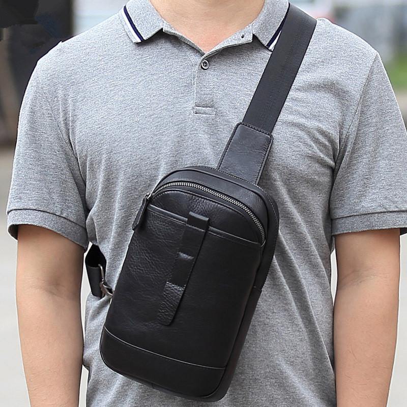 Badass Black Leather Men's 8-inch Trendy Sling Bag Chest Bag One shoul ...