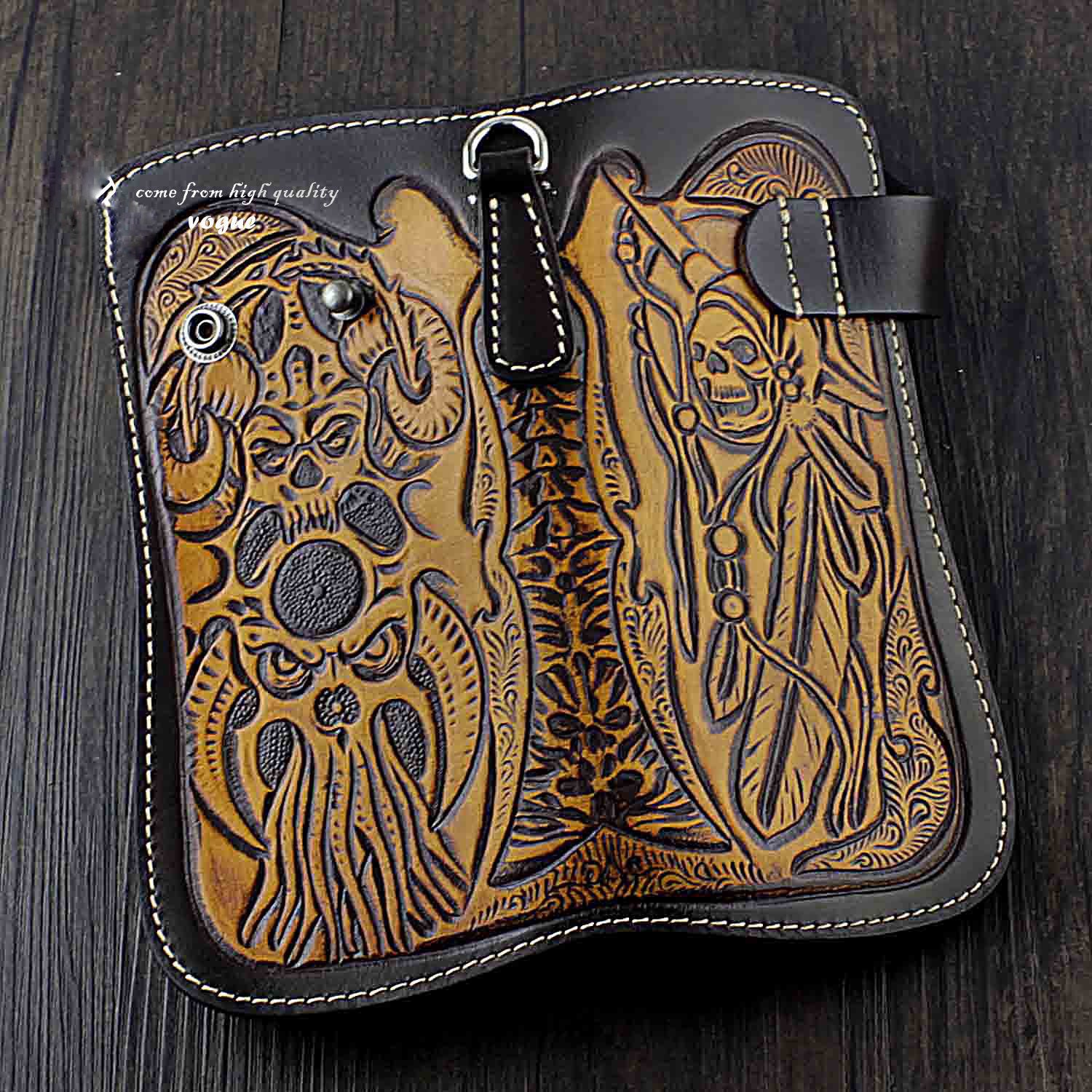 Badass Skull Leather Men&#39;s Long Wallet with Chain Biker Wallet Chain W – iwalletsmen