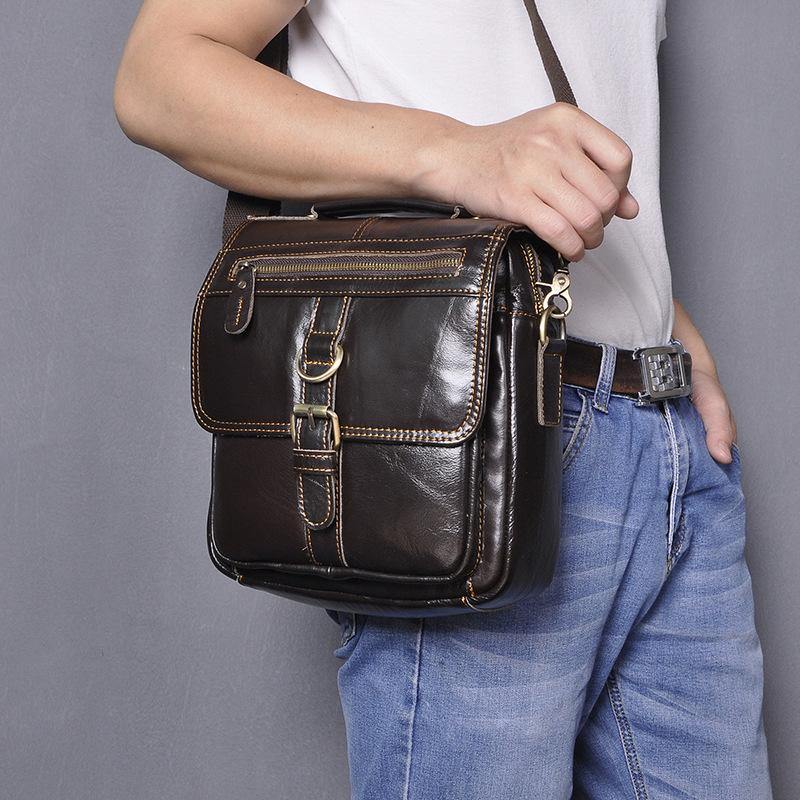 Black Leather Mens Small Vertical Messenger Bag Vertical Black Side Ba ...