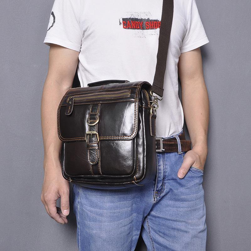 Black Leather Mens Small Vertical Messenger Bag Vertical Black Side Ba ...