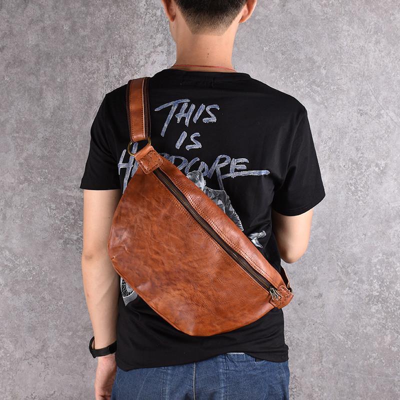 Black Leather Mens Large Sling Bag Leather Sling Pack Postman Bag Fann ...