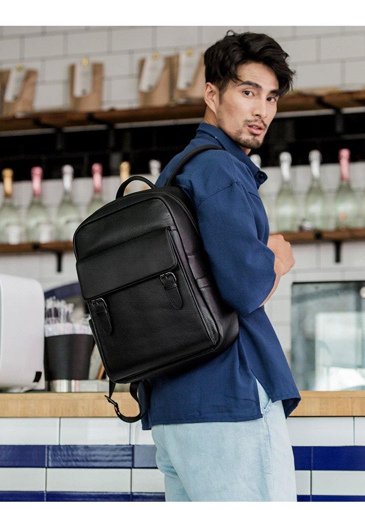Business Black Mens Leather 15-inch Laptop Backpack School Backpacks T ...