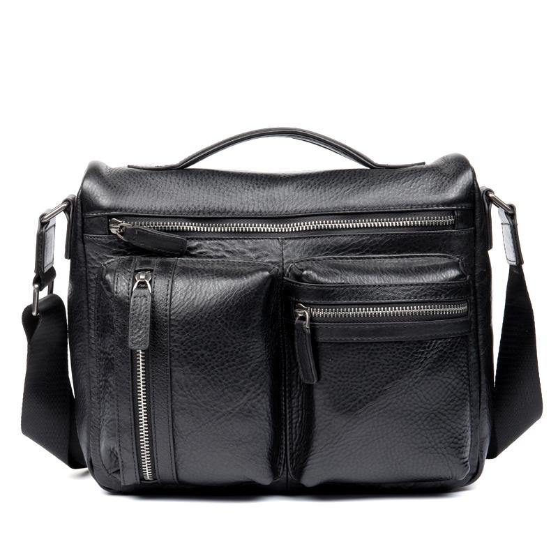 Black Leather 10 inches Mens Small Messenger Bag Black Side Bag Courie ...
