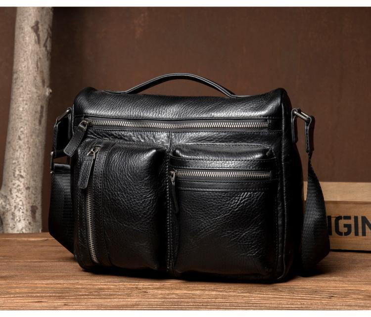 Black Leather 10 inches Mens Small Messenger Bag Black Side Bag Courie ...