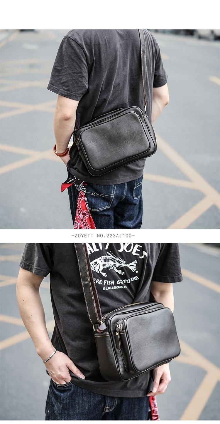 Black Leather Mens Casual Small Courier Bags Messenger Bag Dark Coffee ...