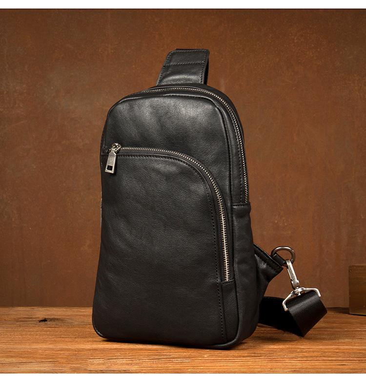 Black Leather Mens Cool Sling Bag Sling Pack Brown ONe Shoulder Backpa ...