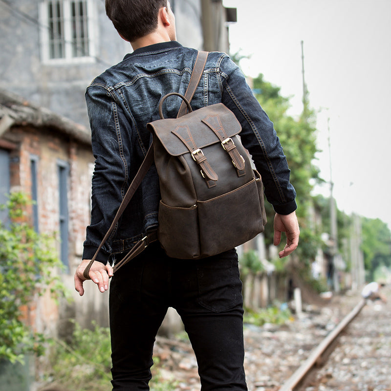 Brown Mens Leather 15 inches Computer Backpacks Black Cool Travel Back ...