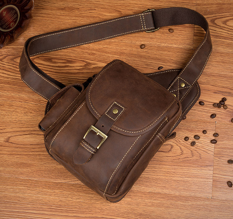 Casual Brown Leather Mens Sling Packs Sling Bag Chest Bag One Shoulder ...