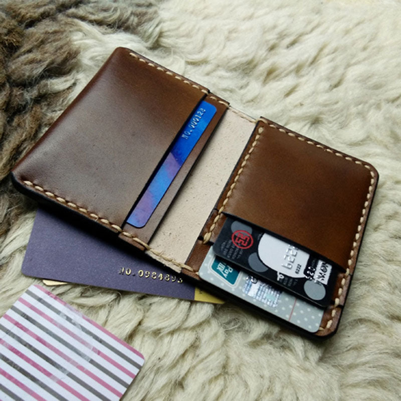 Brown Leather  Mens  Slim  Front Pocket Bifold Small Wallets  