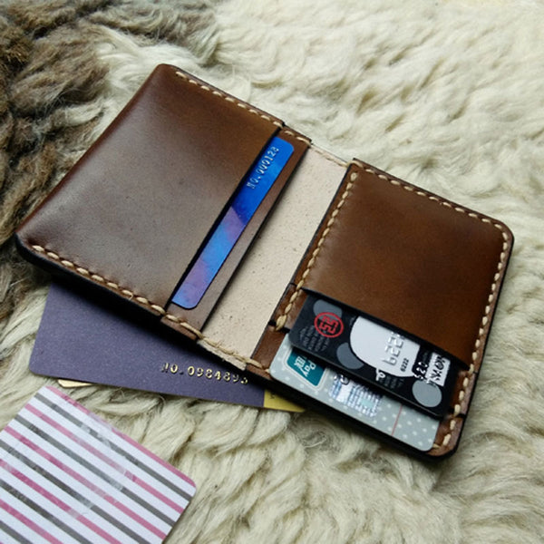 Brown Leather Mens Slim Front Pocket Bifold Small Wallets Card Wallet ...