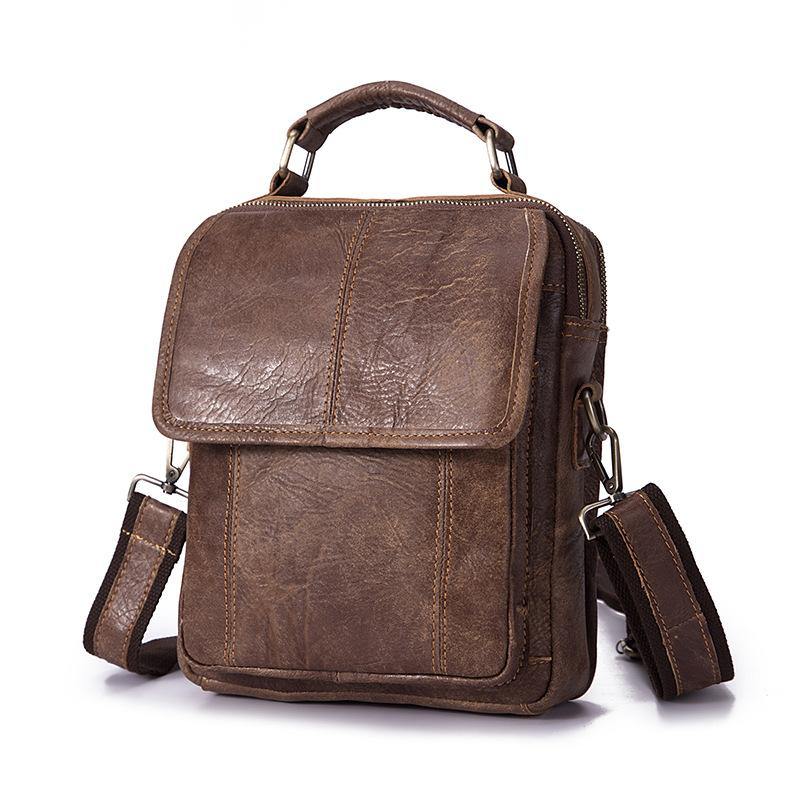 Brown LEATHER MENS Vertical SIDE BAG Small COURIER BAG Vertical Handba ...