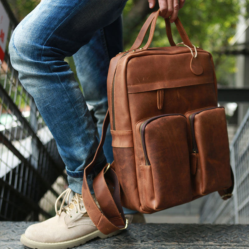 Cool Brown Mens Leather Backpack Travel Backpacks Laptop Backpack for ...
