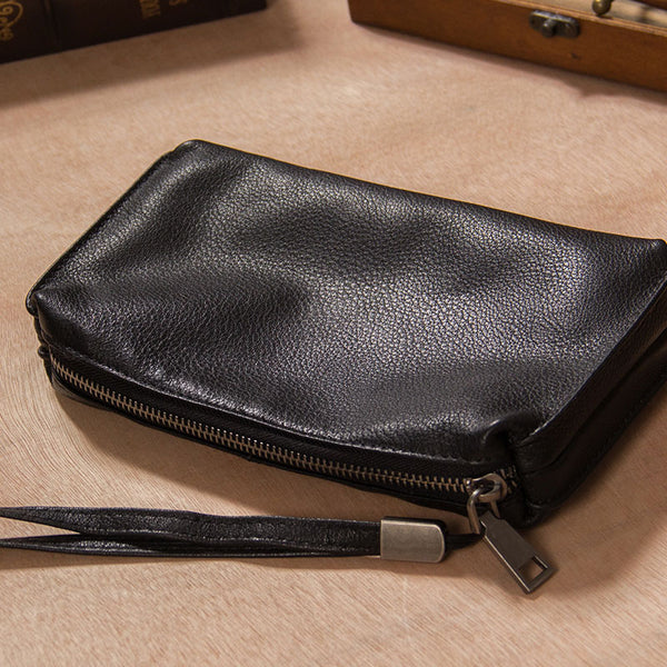 Cool Leather Mens Clutch Wristlet Bag Black Zipper Clutch for Men ...