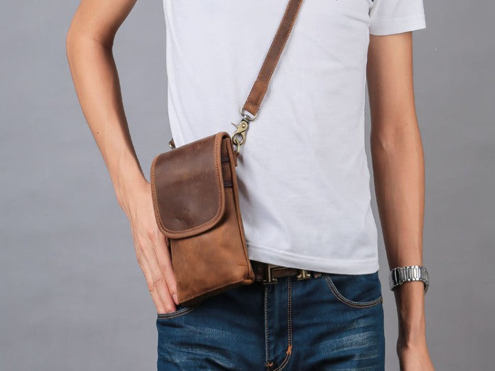 Cool Brown Leather Mens Mini Shoulder Bag Belt Pouch Waist Bag For Men – iwalletsmen
