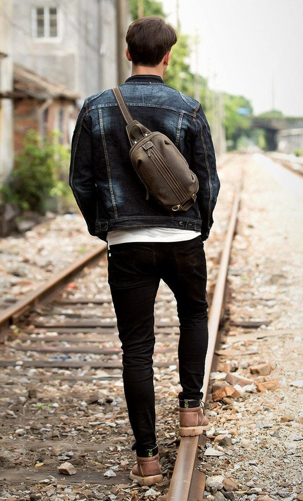 Casual Dark Brown Leather Mens One Shoulder Backpacks Sling Bags Chest ...