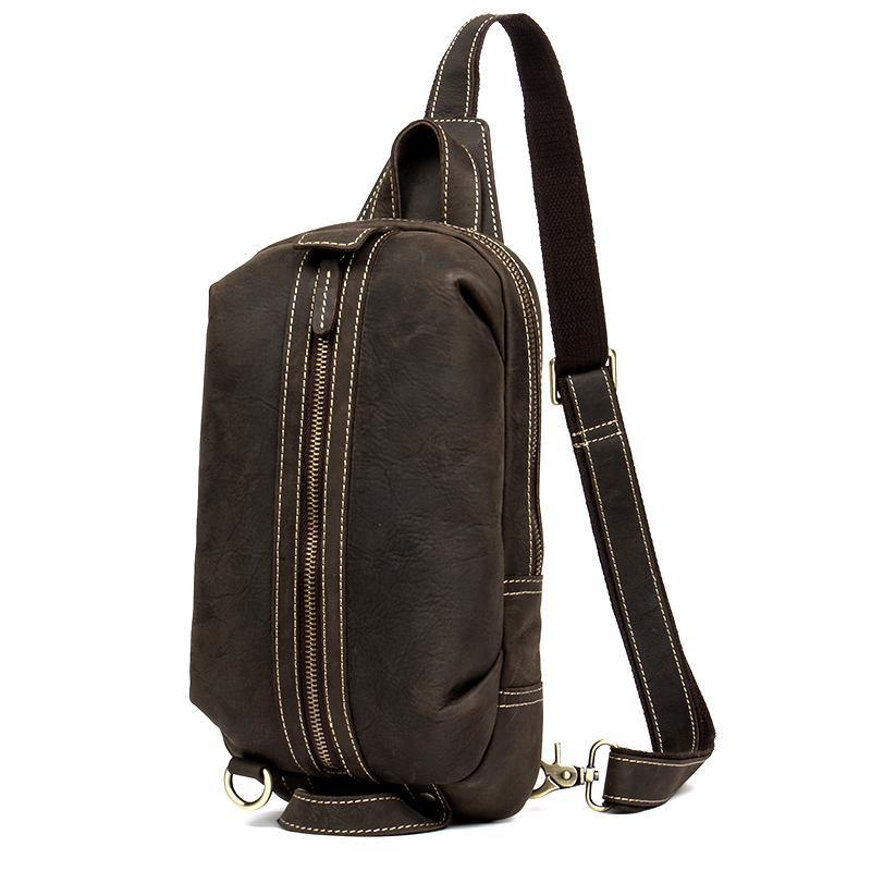 Casual Dark Brown Leather Mens One Shoulder Backpacks Sling Bags Chest ...