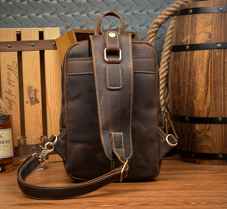 Casual Brown Mens Leather Large Sling Bag One Shoulder Pack Chest Bag ...